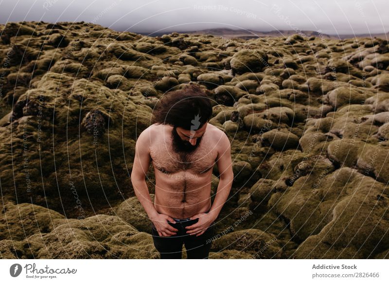 Shirtless muscular bearded man in Icelandic nature Man topless Muscular Nature Youth (Young adults) Summer Lifestyle Human being Mountain handsome shirtless