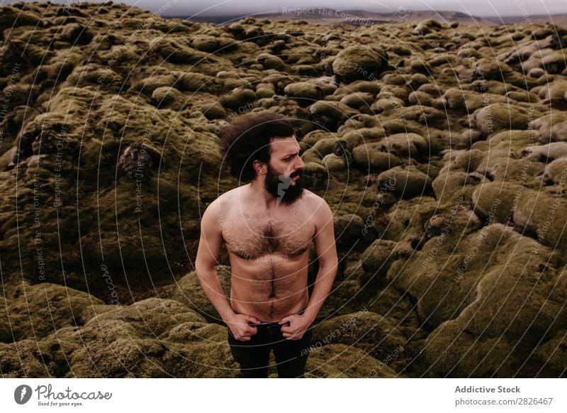 Shirtless muscular bearded man in Icelandic nature Man topless Muscular Nature Youth (Young adults) Summer Lifestyle Human being Mountain handsome shirtless