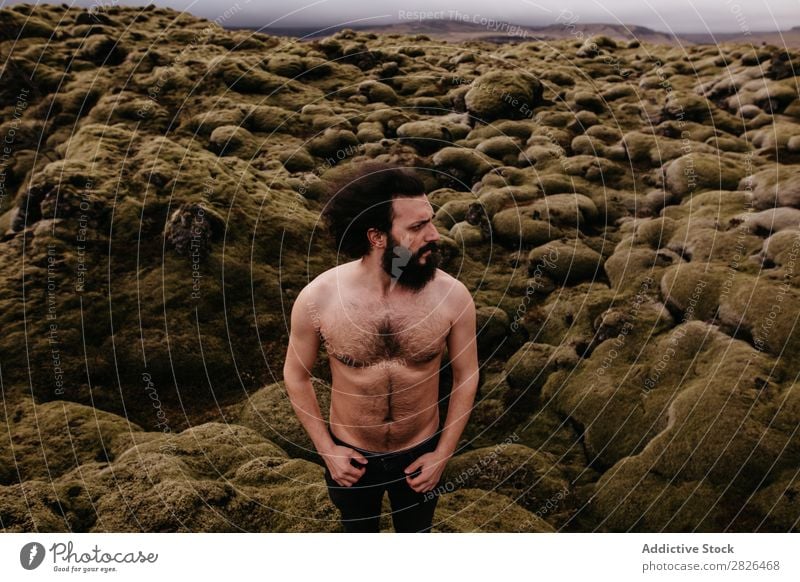 Shirtless muscular bearded man in Icelandic nature Man topless Muscular Nature Youth (Young adults) Summer Lifestyle Human being Mountain handsome shirtless