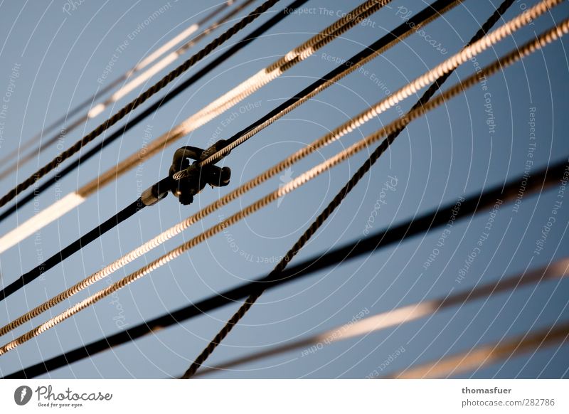 one always crosses over. Sailing Yacht Sailboat Watercraft Rope Shrouds shackle Blue Gray White "Graphically," Colour photo Exterior shot Detail Day Light