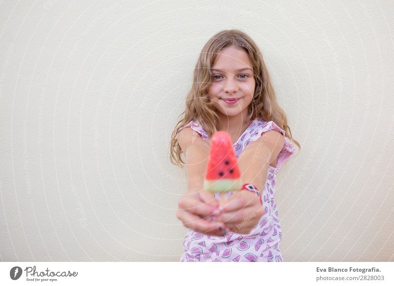 Beautiful kid girl eating ice cream watermelon Fruit Ice cream Eating Joy Happy Vacation & Travel Summer House (Residential Structure) Garden Child Human being