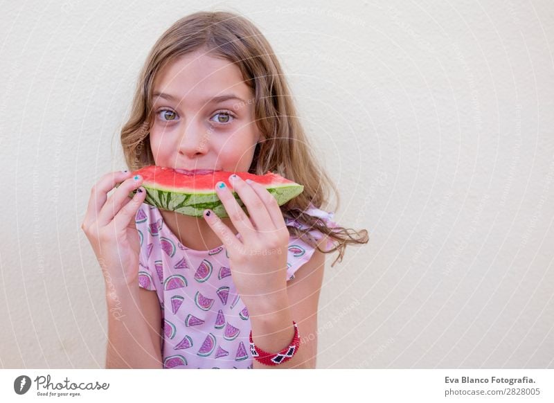 Beautiful kid girl eating watermelon Fruit Ice cream Eating Joy Happy Vacation & Travel Summer House (Residential Structure) Garden Child Feminine Toddler Girl