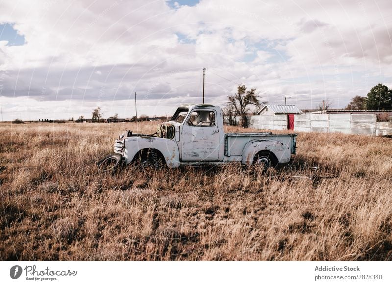 Close-up of an abandoned truck in the field Old Truck Field Rust Car Farm Grass Pick-up truck prairie Isolated Classic Motor vehicle Antique Rural Transport