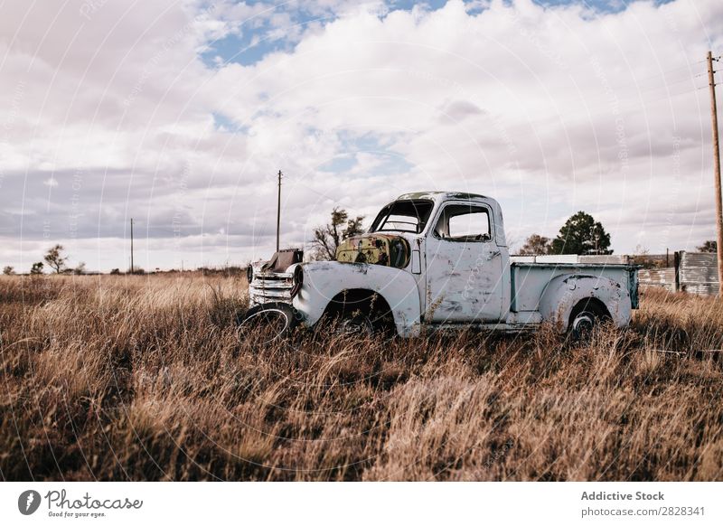 Close-up of an abandoned truck in the field Old Truck Field Rust Car Farm Grass Pick-up truck prairie Isolated Classic Motor vehicle Antique Rural Transport