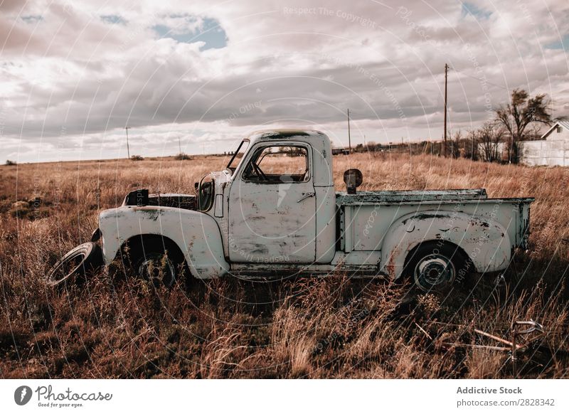 Close-up of an abandoned truck in the field Old Truck Field Rust Car Farm Grass Pick-up truck prairie Isolated Classic Motor vehicle Antique Rural Transport