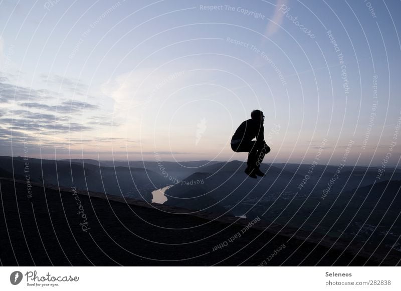 raised hide Summer Sun Mountain Human being 1 Environment Nature Landscape Sky Clouds Horizon Beautiful weather Forest Hill Peak Sit Jump Free Cold Athletic