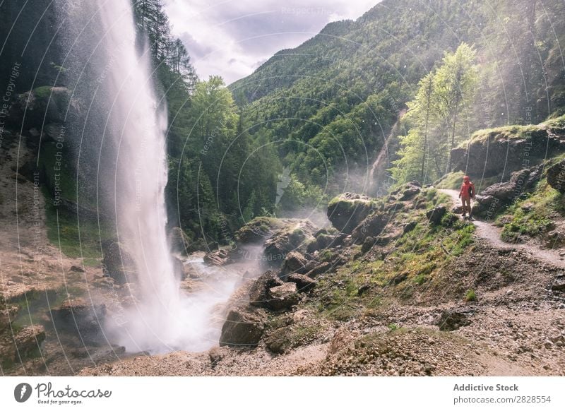 Tourist at waterfall Mountain Waterfall Forest Vantage point Green Vacation & Travel Hiking Adventure Landscape Nature trekking Extreme hiker Man Mountaineering