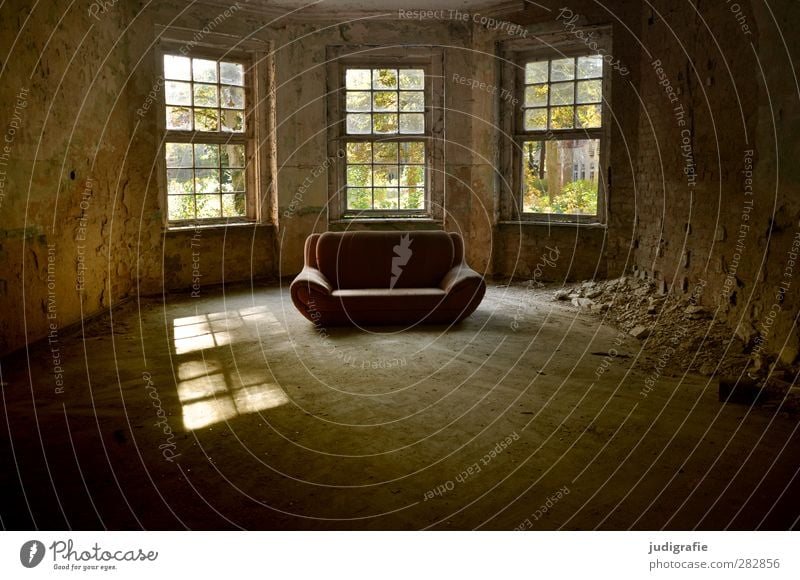 sanatorium Ruin Manmade structures Building Window Old Dark Broken Moody Decline Past Transience Change Sofa Colour photo Subdued colour Interior shot Deserted