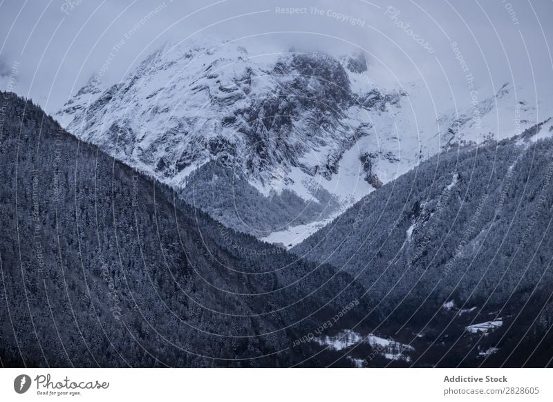 View to misty mountain Mountain Winter Fog Nature Landscape Snow Vacation & Travel Vantage point Sky Hill Cold Forest Clouds Beautiful scenery Panorama (Format)