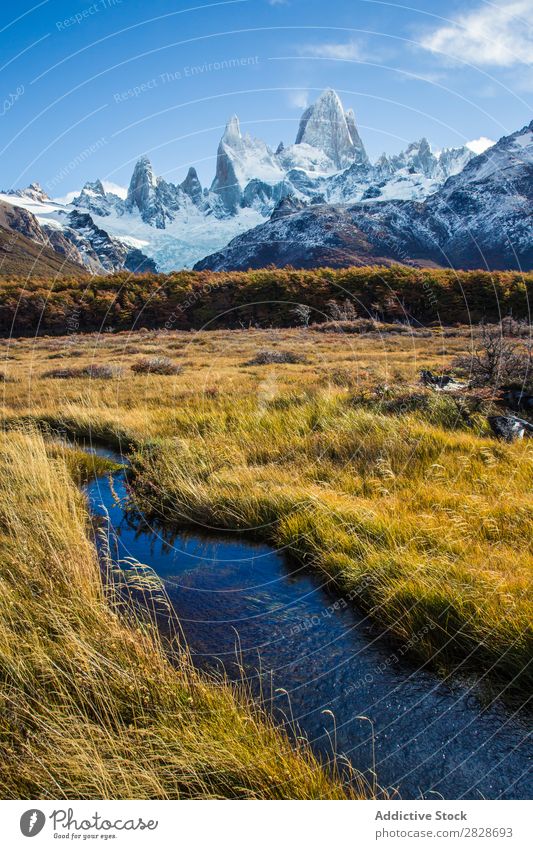 Landscape of water and mountains Mountain Stream Peak Nature Bright Vacation & Travel Snow Grass scenery Panorama (Format) Range River wildlife Environment