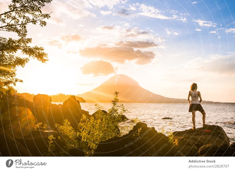 Anonymous person on tropical background Woman Tropical Landscape Tourism Rock Vacation & Travel Nature Relaxation Posture Summer Ocean Paradise Coast