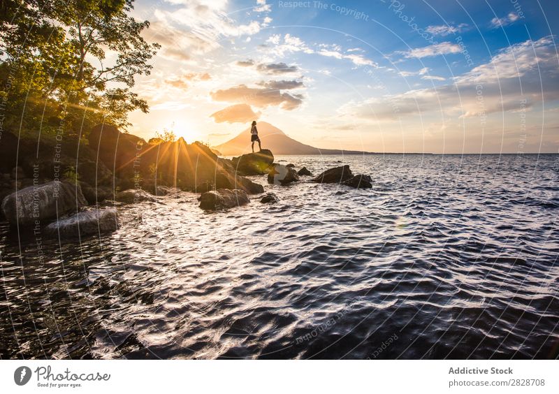 Anonymous person on tropical background Woman Tropical Landscape Tourism Rock Vacation & Travel Nature Relaxation Posture Summer Ocean Paradise Coast