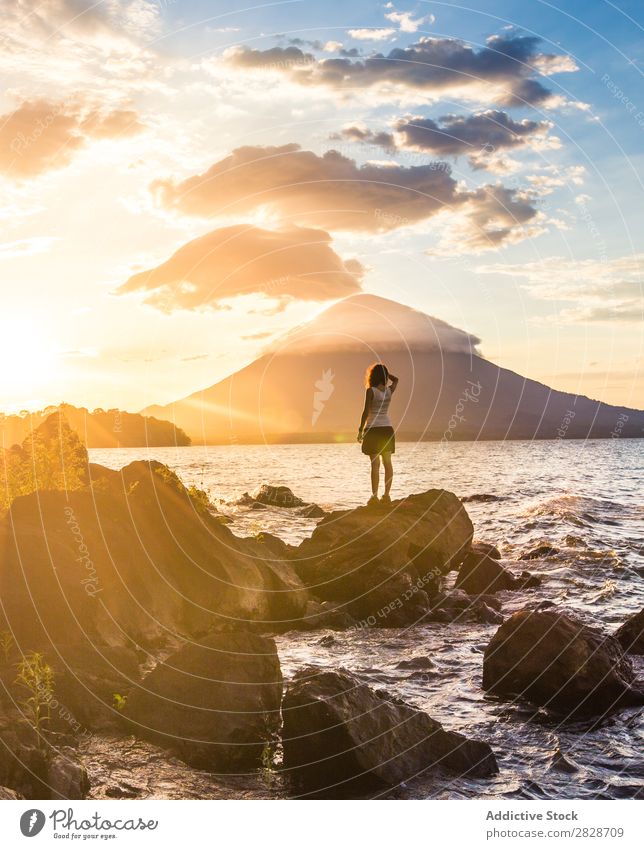 Anonymous person on tropical background Woman Tropical Landscape Tourism Rock Vacation & Travel Nature Relaxation Posture Summer Ocean Paradise Coast