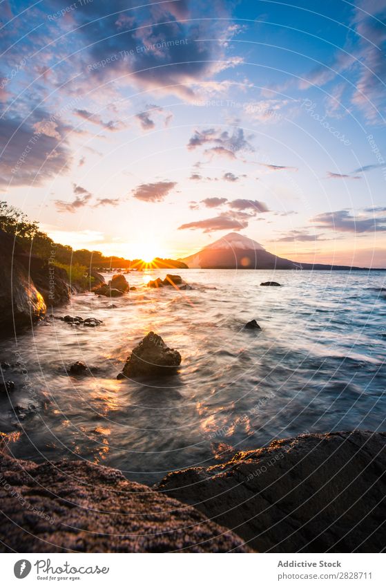 Picturesque view of rocks on ocean shore Landscape Ocean Rock Coast Sunset Tropical seaside Bright Wilderness seascape Evening Virgin forest Nature Beach