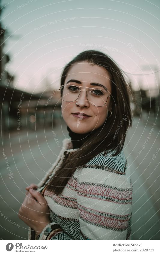 Young stylish woman on street Woman pretty Youth (Young adults) Beautiful City Street Town Person wearing glasses Posture Brunette Attractive Human being