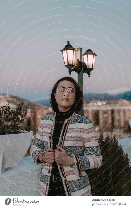 Thoughtful woman at lamp post Woman pretty Youth (Young adults) Beautiful Considerate Pensive Think Lamp Mail City Town Looking away Brunette Attractive