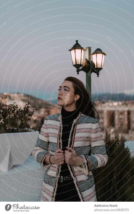 Thoughtful woman at lamp post Woman pretty Youth (Young adults) Beautiful Considerate Pensive Think Lamp Mail City Town Looking away Brunette Attractive