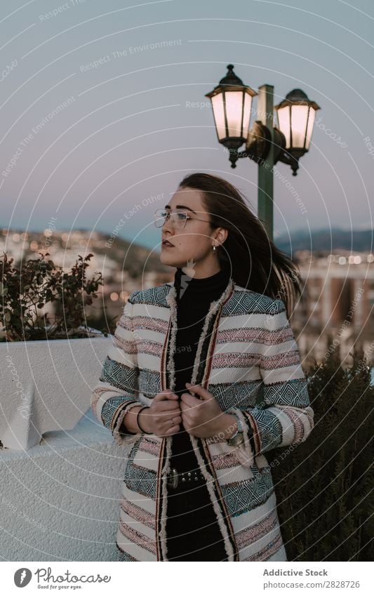 Thoughtful woman at lamp post Woman pretty Youth (Young adults) Beautiful Considerate Pensive Think Lamp Mail City Town Looking away Brunette Attractive