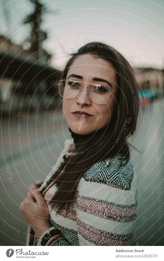 Young stylish woman on street Woman pretty Youth (Young adults) Beautiful City Street Town Person wearing glasses Posture Brunette Attractive Human being