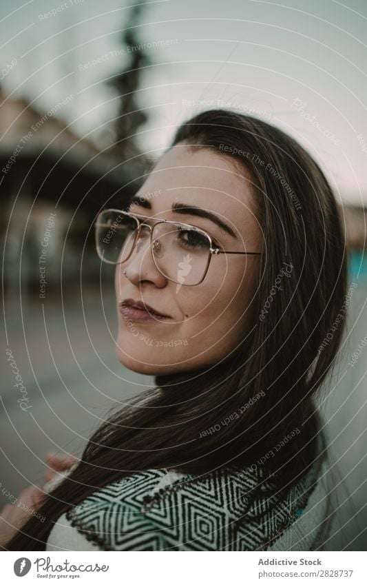 Young stylish woman on street Woman pretty Youth (Young adults) Beautiful City Street Town Person wearing glasses Posture Brunette Attractive Human being