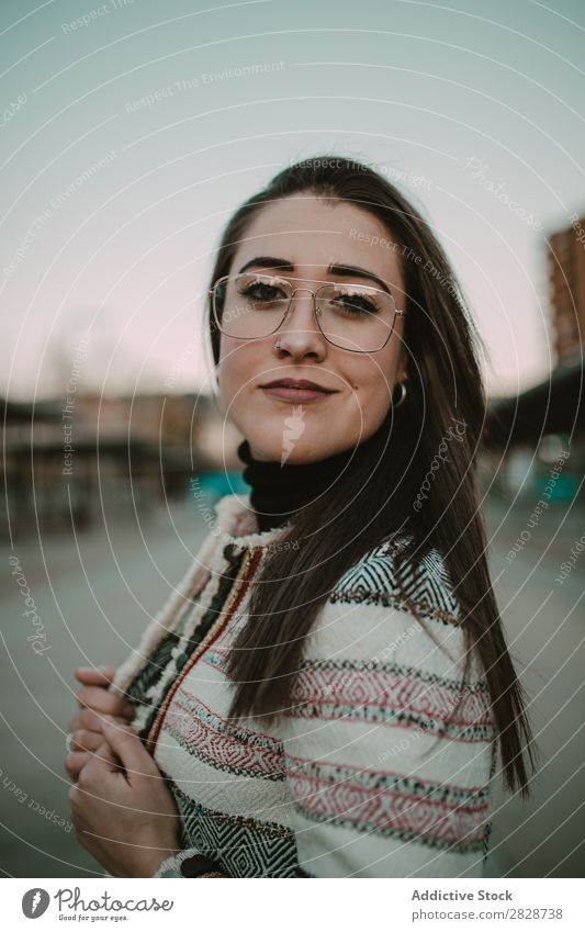 Young stylish woman on street Woman pretty Youth (Young adults) Beautiful City Street Town Person wearing glasses Posture Brunette Attractive Human being