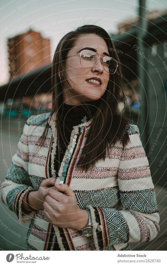 Young stylish woman on street Woman pretty Youth (Young adults) Beautiful City Street Town Person wearing glasses Posture Brunette Attractive Human being