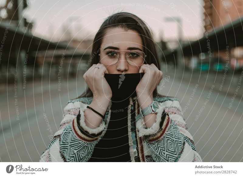 Pretty woman holding collar looking at the camera Woman pretty Youth (Young adults) Beautiful Collar Adjust Looking into the camera City Street Town Brunette