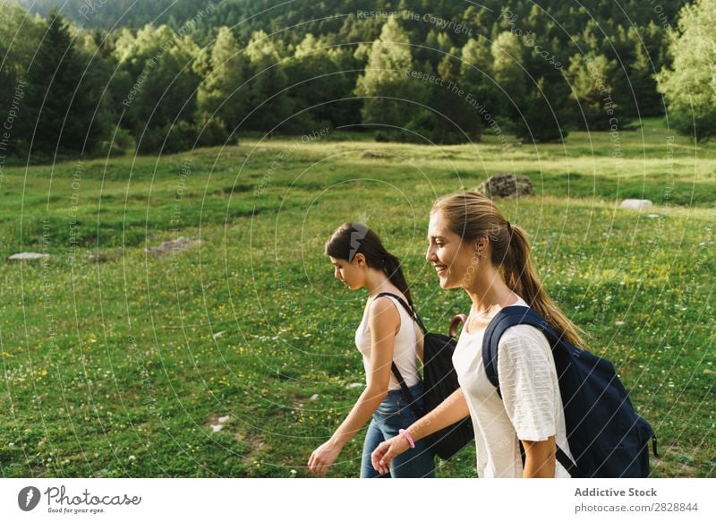 Women walking on nature Woman Walking Rural Friendship Backpack Nature Girl Youth (Young adults) Beautiful Vacation & Travel Tourism Trip Human being Tree Park