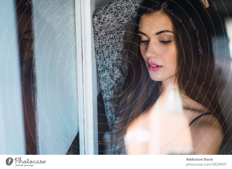 Beautiful sensual model through glass Woman To enjoy Beauty Photography Delicate human face Natural Posture Relaxation Feminine Alluring Youth (Young adults)