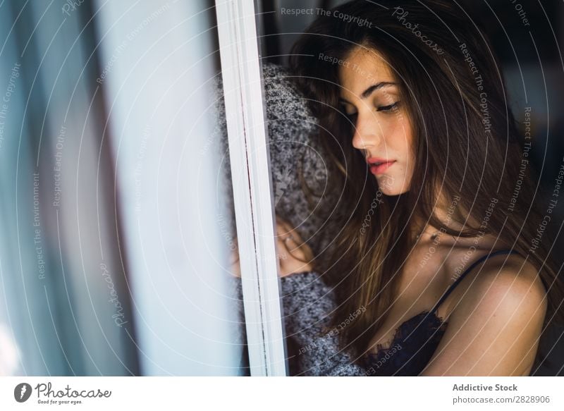 Beautiful sensual model through glass Woman To enjoy Beauty Photography Delicate human face Natural Posture Relaxation Feminine Alluring Youth (Young adults)