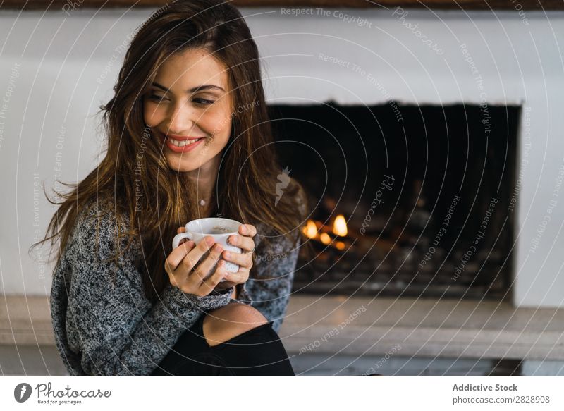 Beautiful model with cup of coffee Woman Home Cuddling Coffee Dream human face Posture Cup Pensive Considerate Lifestyle House (Residential Structure) Easygoing