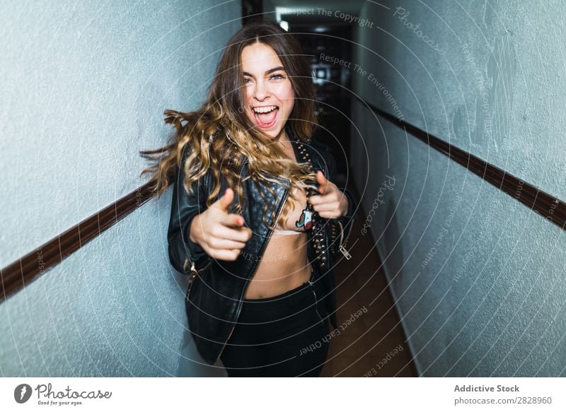 Cheerful woman posing in hall Woman Youth (Young adults) Attractive Home Smiling Happy Hallway Corridor Expressive Posture Alluring Beautiful Human being pretty