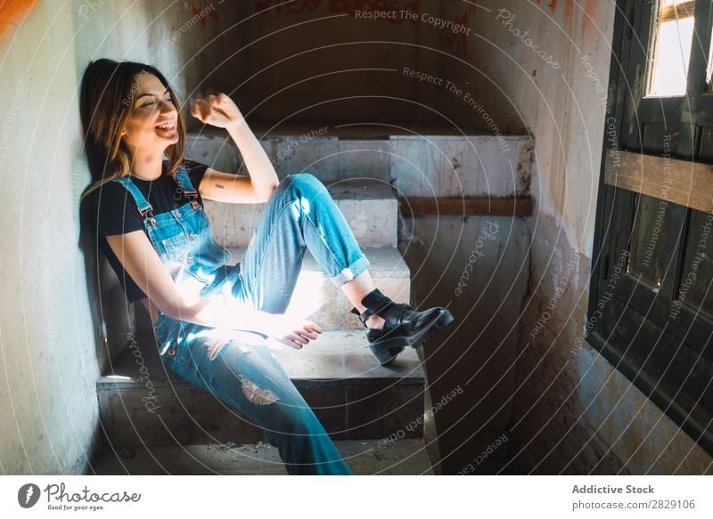 Smiling woman on steps Woman abandoned Building Cheerful Sit Steps Stairs Relaxation Youth (Young adults) Portrait photograph Beautiful Lifestyle Old pretty