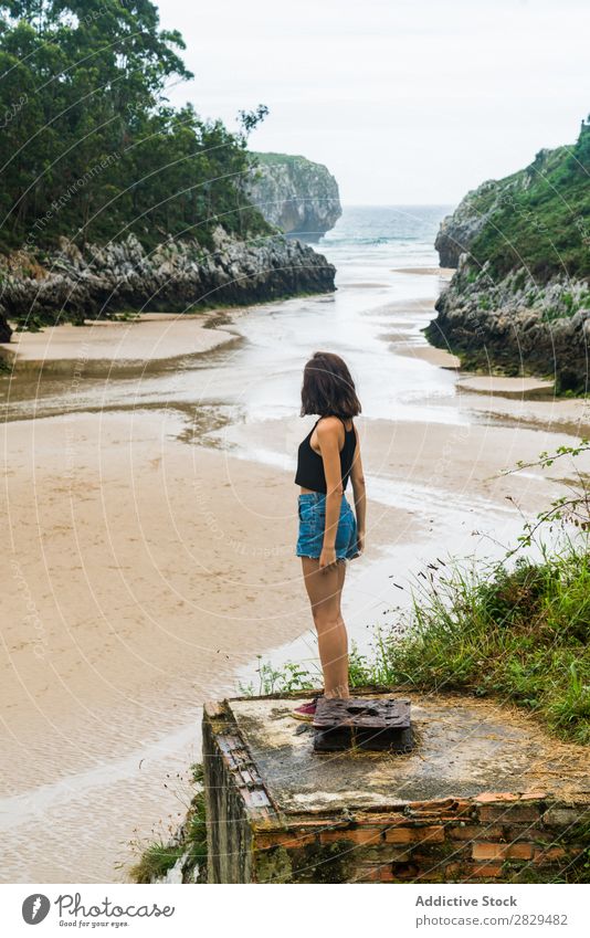 Woman standing at seaside pretty Beach Girl Youth (Young adults) Attractive Beautiful Beauty Photography Summer Ocean Body Nature Portrait photograph Water