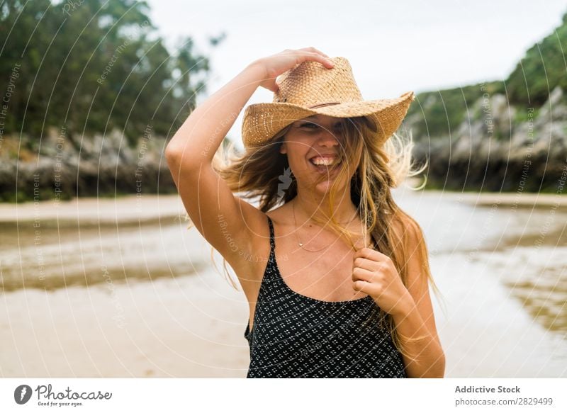 Girl in hat posing on beach Woman Beach Posture Style Vacation & Travel Beauty Photography Youth (Young adults) Summer Model Ocean Portrait photograph traveler