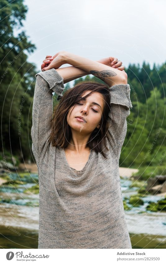 Sensual girl with eyes closed on beach Woman To enjoy Nature romantic Posture Dream Youth (Young adults) Delicate Summer Model Hands up! Natural