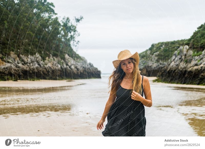 Girl in hat posing on beach Woman Beach Posture Style Vacation & Travel Beauty Photography Youth (Young adults) Summer Model Ocean Portrait photograph traveler