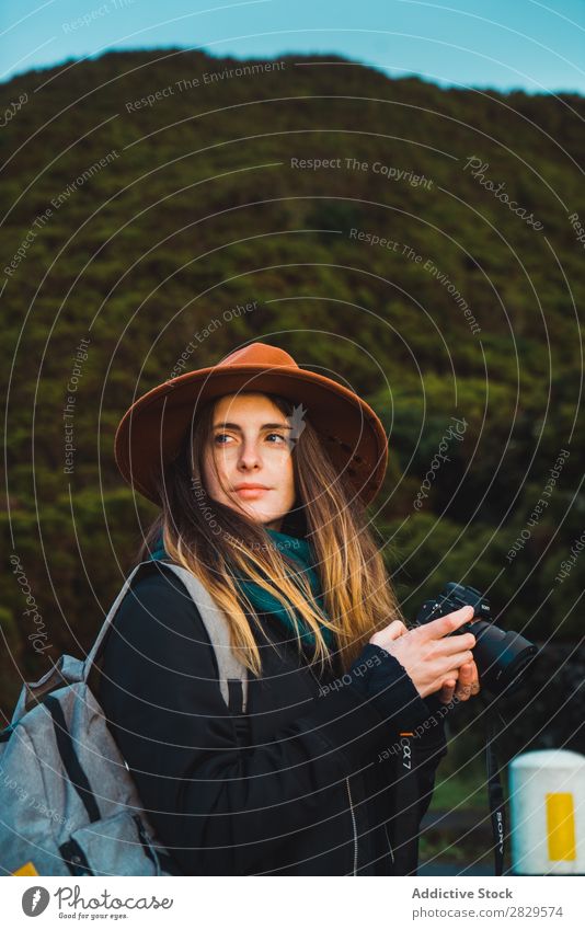 Photographer posing in sunny forest Woman pretty Forest Green Hat Nature Environment Natural Seasons Plant Leaf Light Fresh Bright Day Sunlight Wood Growth