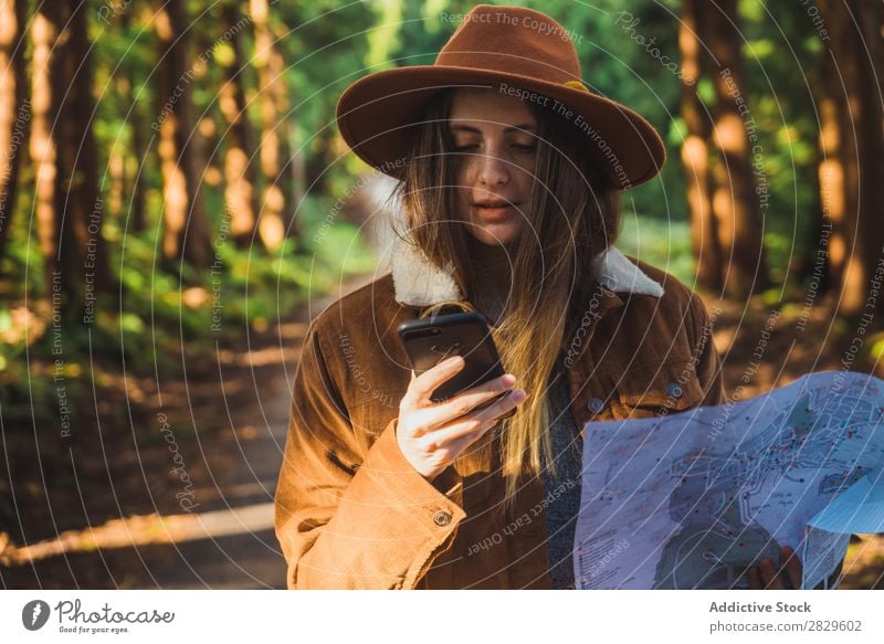 Woman with map in woods Exterior shot scenery Forest Leaf Lost Colour Plant Day Natural Tourist Wild Beautiful Seasons Fresh Spring Multicoloured