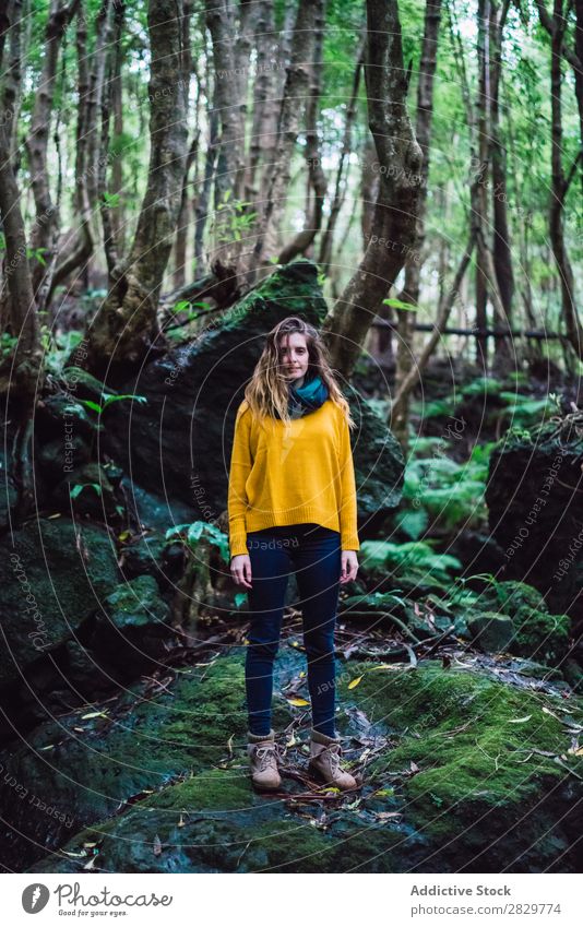 Young woman standing in green forest Woman Forest Green Stand Looking into the camera pretty Vacation & Travel Tourism Loneliness Nature Landscape Tree Trunk