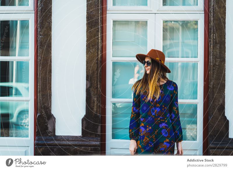 Cheerful stylish woman in hat Woman pretty Style Street Hat Walking Sunglasses Door Exterior shot Fashion Beautiful Youth (Young adults) Portrait photograph