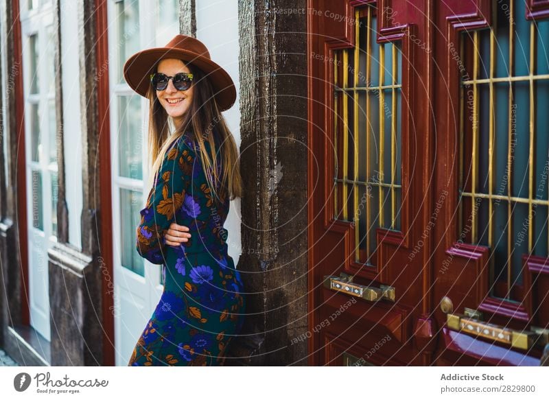 Cheerful stylish woman in hat Woman pretty Style Street Hat Walking Sunglasses Door Exterior shot Fashion Beautiful Youth (Young adults) Portrait photograph