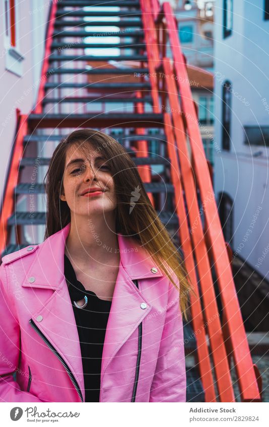 Young woman posing on stairs on street Woman pretty Style Posture Steps Stairs Happy Street Exterior shot Fashion Beautiful Youth (Young adults)