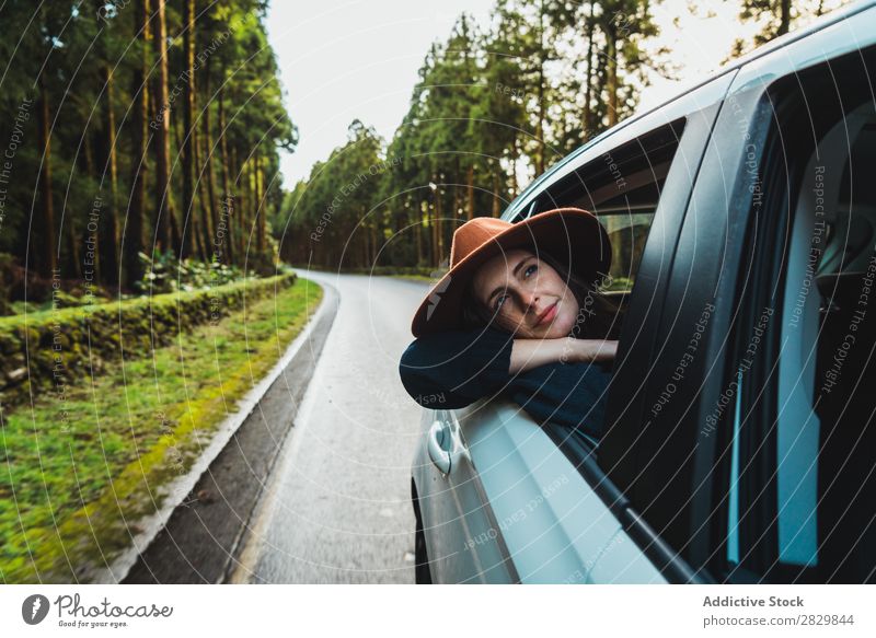 Woman hanging out of car in forest Car Window hang out Forest Green Dream Hat pretty Street Asphalt Nature Environment Natural Seasons Plant Leaf Light Fresh