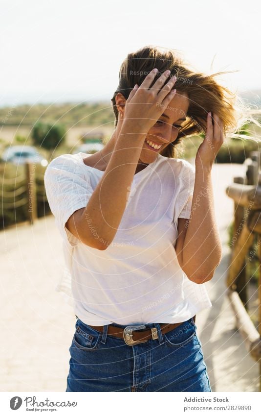 Pretty smiling woman in countryside Woman Smiling pretty Landscape Happy Beautiful Portrait photograph Nature Attractive Cheerful Human being Lifestyle