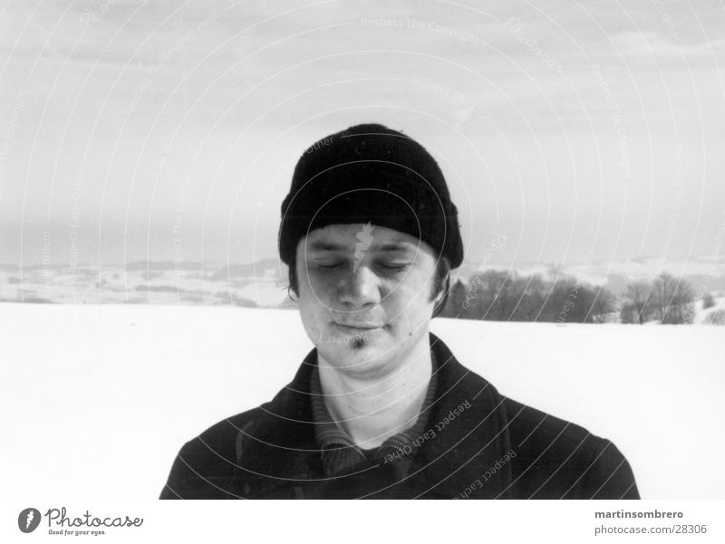 portrait in the snow Man Horizon Black & white photo Snow hard light Sky half-portrait