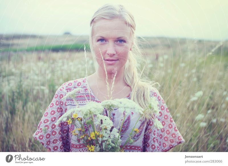 Blond girl on a flower meadow Human being Feminine Young woman Youth (Young adults) 1 18 - 30 years Adults Landscape Summer Flower Populated Blonde Braids