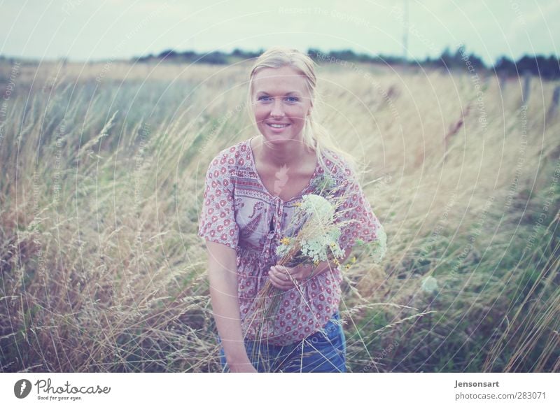 Blond girl in a meadow Human being Feminine Young woman Youth (Young adults) 1 18 - 30 years Adults Nature Summer Flower Meadow Blonde Braids Relaxation