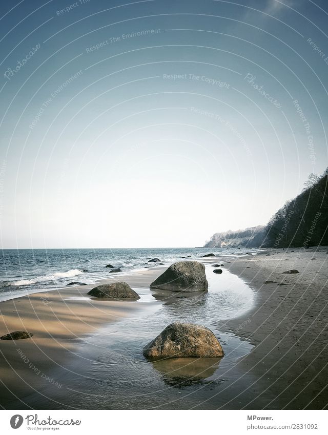 coastline Environment Landscape Winter Beautiful weather Waves Coast Beach Bay Bright Sand Baltic Sea Stone Rügen Cloudless sky Ocean Walk on the beach