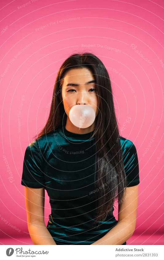 Asian woman blowing gum bubble Woman pretty Portrait photograph Youth (Young adults) Beautiful asian Gum Chew Bubble Blow Adults Posture Smiling